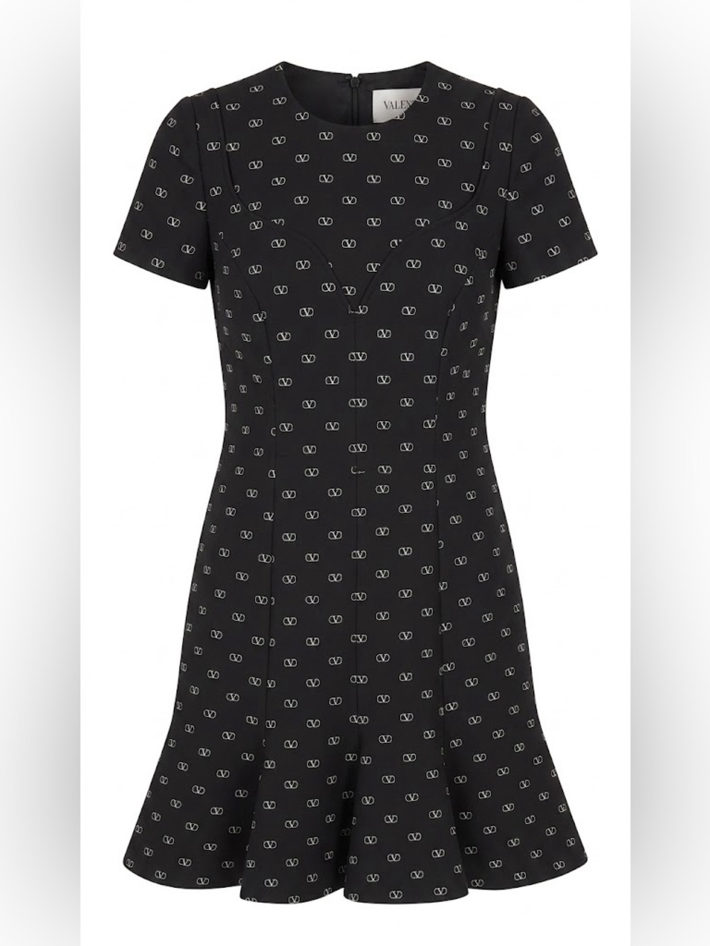 Valentino Crepe Couture Black & Ivory Logo Godet Dress, Size 38